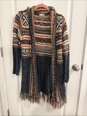 ADORA Navy Multicolor Fringe Open Cardigan